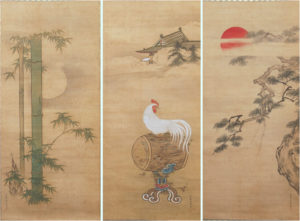 Kano Terunobu painting of a pine tree and the rising sun bamboo and the moon Rooster