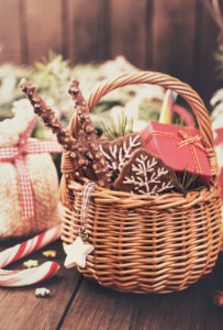 festive basket of gifts in retro style PE5TRAE